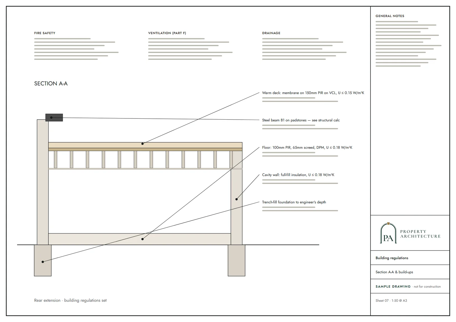 Sample section drawing showing the layers of a wall, floor and roof for building control