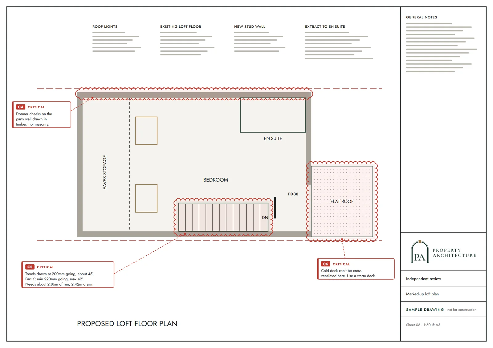 Sample loft plan carrying red mark-up from the second technologist's review